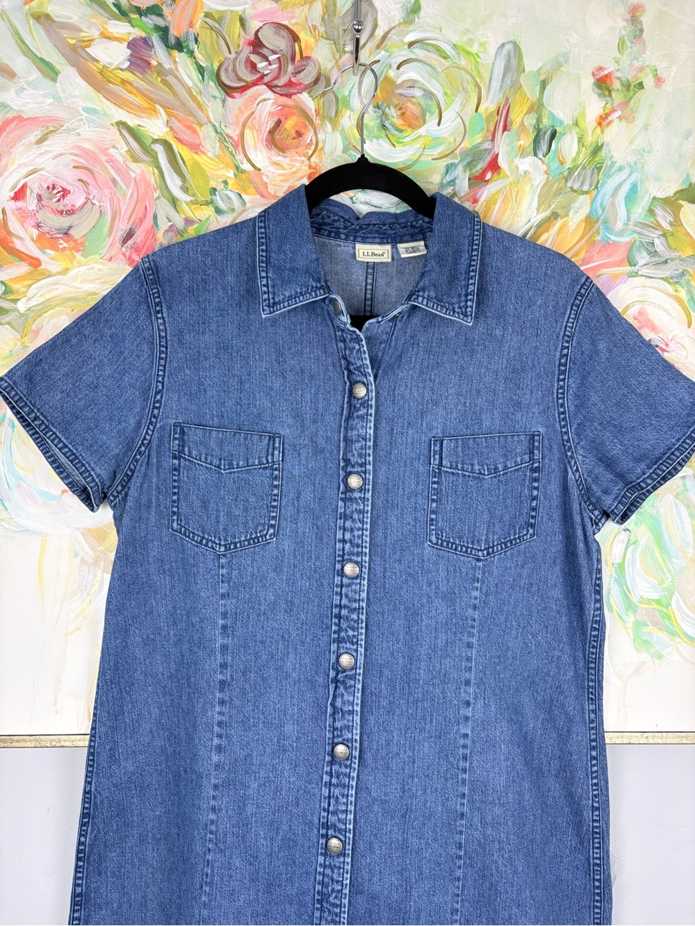 L.L. Bean Denim Shirt Dress Button Front Blue Short Sleeve Size 14 - Picture 5 of 9